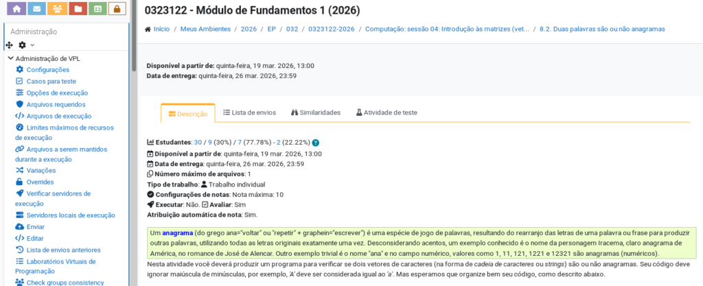 Enunciado de uma atividade VPL: anagrama